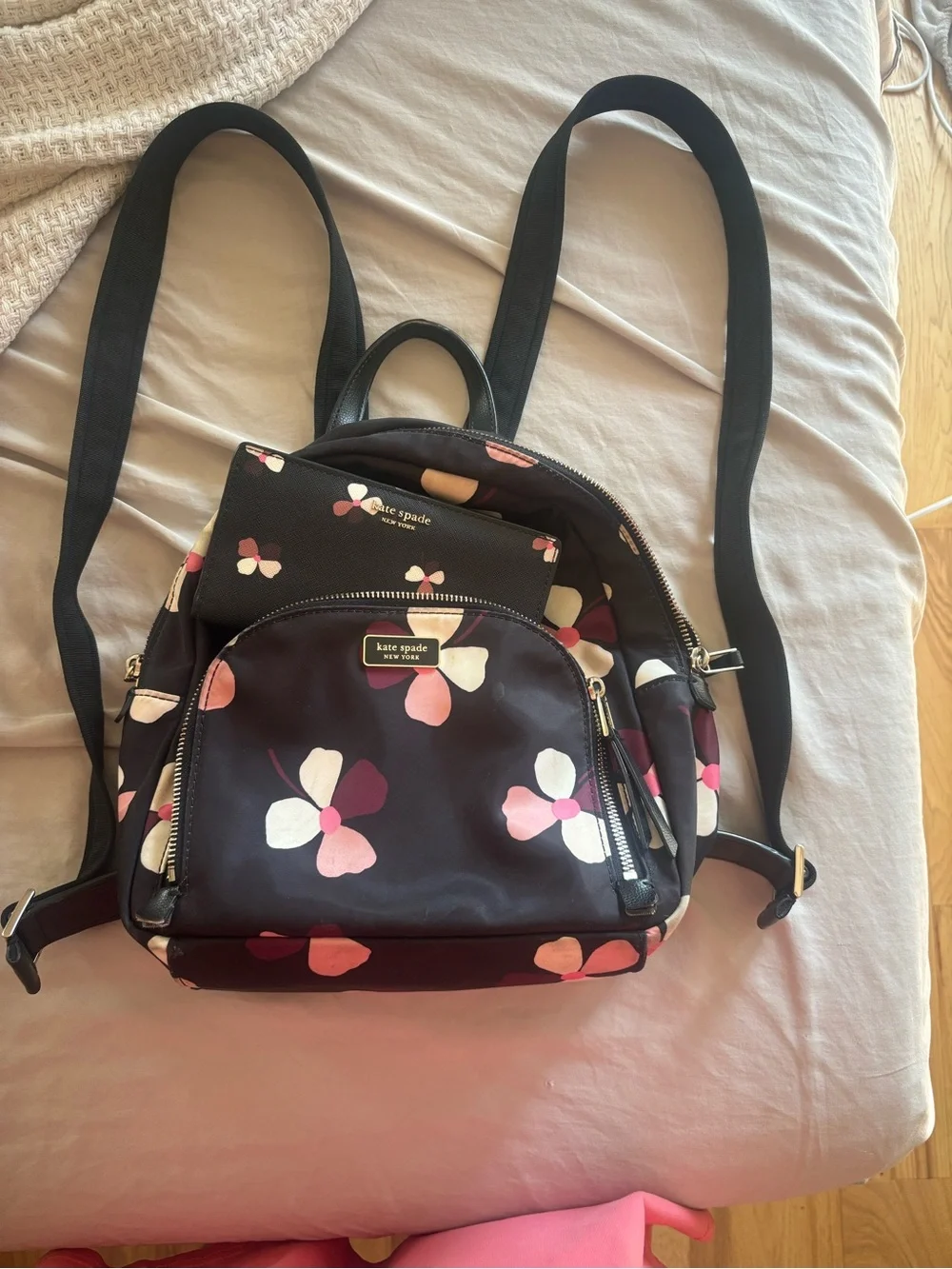 kate spade Black Floral Print Nylon Backpack with Matching Wallet